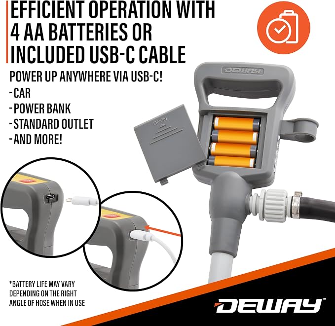 Deway Automatic Fuel Transfer Pump with Nozzle for Quick Flow Control & Stop, 51" Heavy Duty Rubber Hose, Powerful AA Battery Powered w/USB-C Option, Fits All Size Cans, Transfers at 3.8 Gal/Min