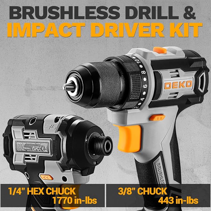 Cordless Drill & Impact Driver: DEKOPRO 20V Brushless Power Drill and 20V Brushless Impact Driver Set, Power Tool Set with 2x2.0Ah Batteries, Charger, Bag & 52xAccessories-Yellow