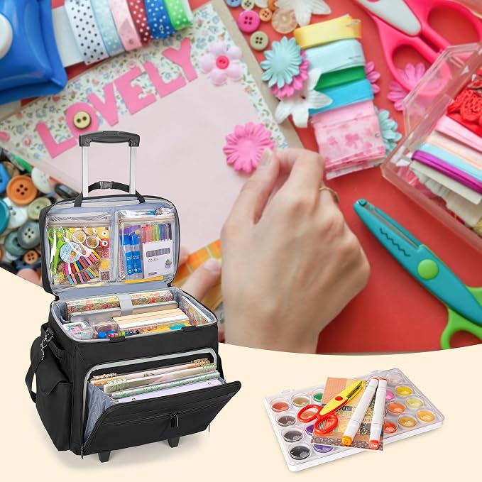 Trunab Rolling Scrapbook Tote with Expandable File Pocket, Large Craft Organizer and Storage Bag with Detachable Trolley for Scrapbooking Supplies and Art Tools (Patented Design)