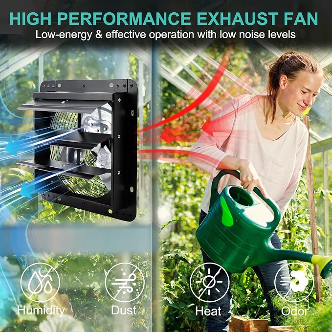 12 Inch Wall Mounted Shutter Exhaust Fan with Thermostat and Speed Controller for Attic, Greenhouse, Shed, Garage, Chicken Coop, Shop, Barn Ventilation, 970 CFM Louvered Vent Fan, Black
