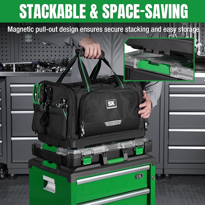 SK 21-Inch Heavy Duty Tool Bag, 1680D Fabric with Waterproof Hard Base, Dual Zipper, Padded Shoulder Strap & Touch Fastener Handle, Tool Storage with 50 Pockets, 40 Webbing Loops
