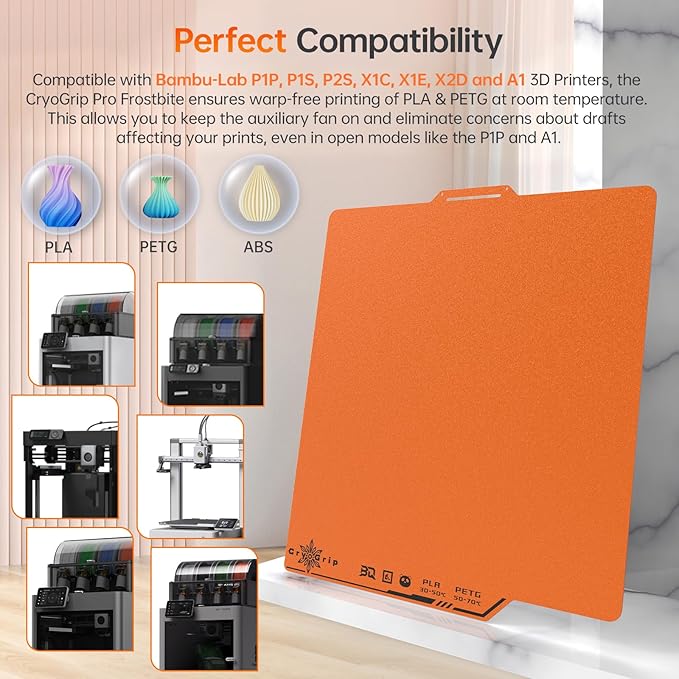 BIQU Cryogrip Pro Frostbite Matte Orange Cold Build Plate for Bambu-Lab P1S/P2S/P1P/X2D/X1C/X1E/A1 3D Printer 257x257MM Double-Sided Upgrade Room Temperature Print Removable Surface Platform