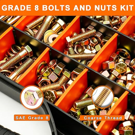 535PCS Grade 8 SAE Bolts and Nuts Kit - Heavy-Duty Alloy Steel Hex Bolt Set with Flat & Lock Washers, Yellow Zinc Plated (1/4-20, 5/16-18, 3/8-16) for DIY, Automotive & Industrial Use