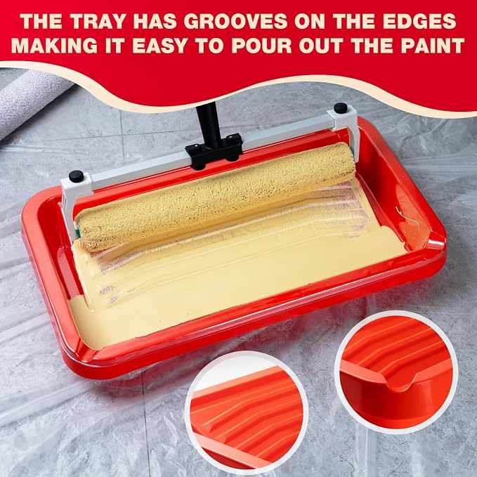 Mister Rui 18 Inch Paint Roller Kit with 4FT Extension Pole, 14 Piece Paint Set for Large Walls and Ceilings, Heavy-Duty Tray with 3 Liners, Low-Lint Microfiber Covers, Brush, Tape and Drop Cloth