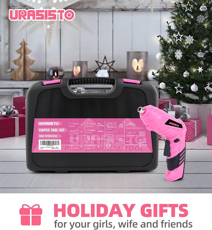 URASISTO Pink Household Tool Set with 3.6V USB Electric Screwdriver, 136 PCS Home Tool Kit with Cordless Lithium-ion Drill Driver, Hand Tool Kits for Women