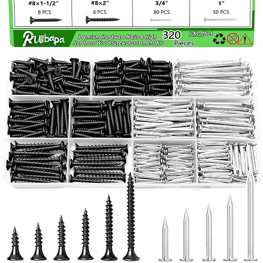 320Pcs Premium Hardware Nails & High Hardness Black Drywall Screws Assortment Kit,11 Sizes (1/2"-2"),Phillips Drive Flat Head, Wood Screws,Galvanized,Picture Hanging,Common Nails with Storage Box