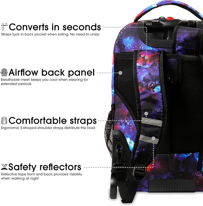 J World Sundance Laptop Rolling Backpack for Girls Boys. Roller Bookbag with Wheels, 20 Inch, Galaxy