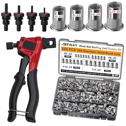 ASE Stainless Steel Rivet Nut Tool Kit, 500PCS (1/4-20,10-24,8-32,6-32) inch Rivet Nut, Suitable for Furniture, Decoration, Automotive, Marine and Industrial Applications