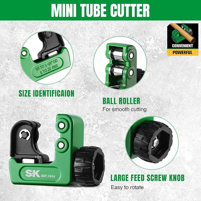 SK 2-Piece Tube Cutter Set, 1/4"–1 1/4" OD Pipe Cutter with Detachable Extension Handle & Concealed Deburring Scraper, 52100 Bearing Steel Blade for Copper, Aluminum and PVC Tube