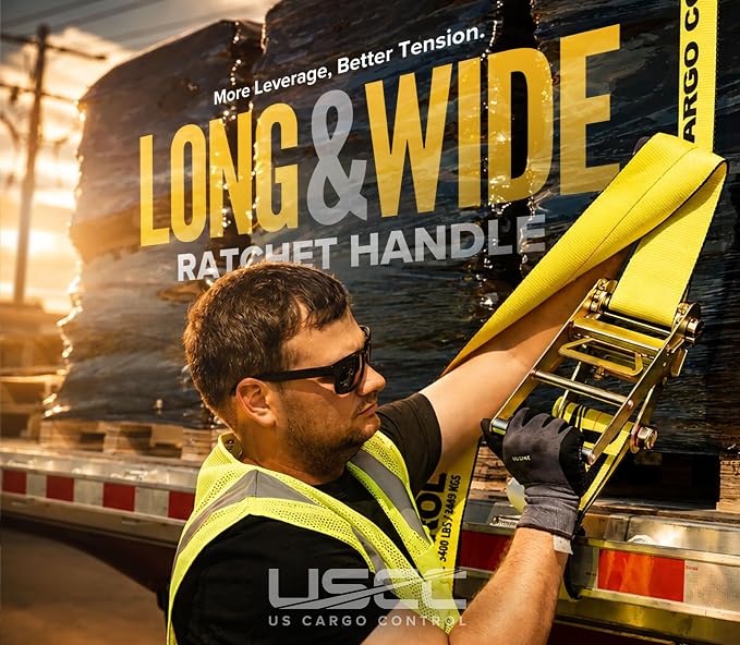 US Cargo Control Flat Hook Ratchet Straps 4” x 30’ (4-Pack), 5,400 LBS Working Load Limit, Yellow 4 Inch Ratchet Straps with Black Flat Hooks, Professional 4 Inch Straps for Flatbed Trailers