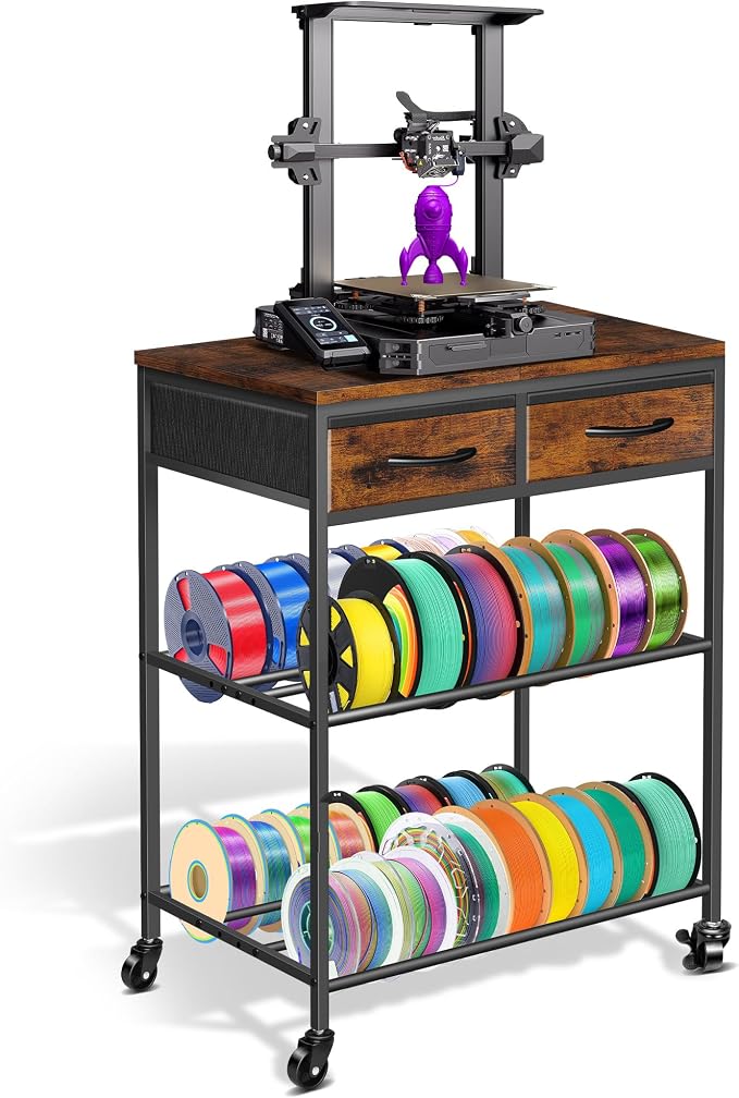 3D Printer Filament Storage Rack with Drawers, 3Tier Metal Filament Spool Holder with Wheels, 3D Printer Filament Stand for PLA/ABS/TPU/Nylon, Filaments Organzied for Workshop Studio Office, Brown