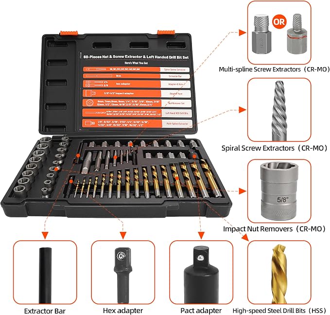 56Pcs Spiral Screw Extractor Set, Left Hand Drill Bit Set, Easy Out Bolt Extractor Set with Hex Adapter, Multi-Spline Lug Nut Remover for Stripped, Rounded, Damaged, Broken Studs Bolts Screws