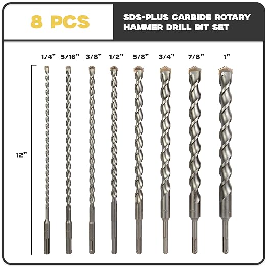 8-Piece 12in SDS Plus Drill Bits for Brick, Stone, Concrete, 1/4in x 12in, 5/16in x 12in, 3/8in x 12in, 1/2in x 12in, 5/8in x 12in, 3/4in x 12in, 7/8in x 12in, 1in x 12in (12" 8-Piece Set)