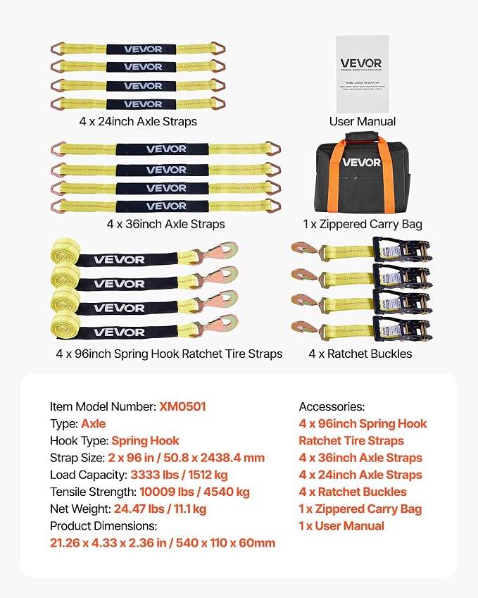 VEVOR Wheel Chock Tie-Down Kit, Axle Type Trailer Tie Down Strap, Car Tie Down Kit with Break Strength 10009 lbs, Working Load 3333 lbs, Trailer Ratchet Strap for ATV, UTV, & Heavy-Duty Pickup Trucks