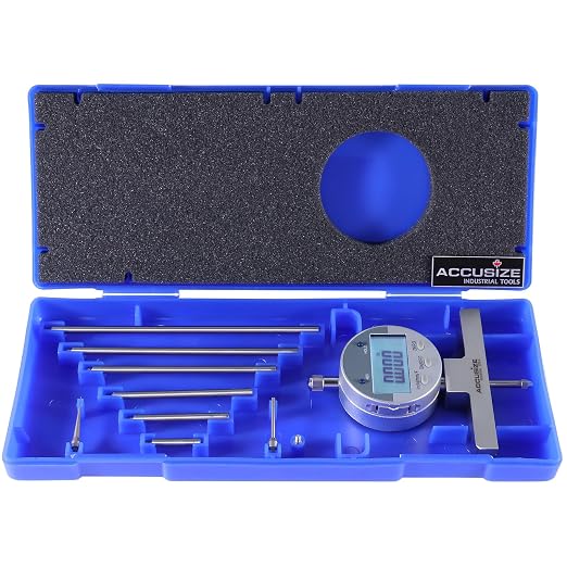 Accusize 0-22 in Digital Depth Gauge with Small-Hole Points, P103-0188 | 6 Connectable Rods, +/-0.001 in Accuracy, 0.0005 in Resolution, 4 in Base, 3/8 in Stem
