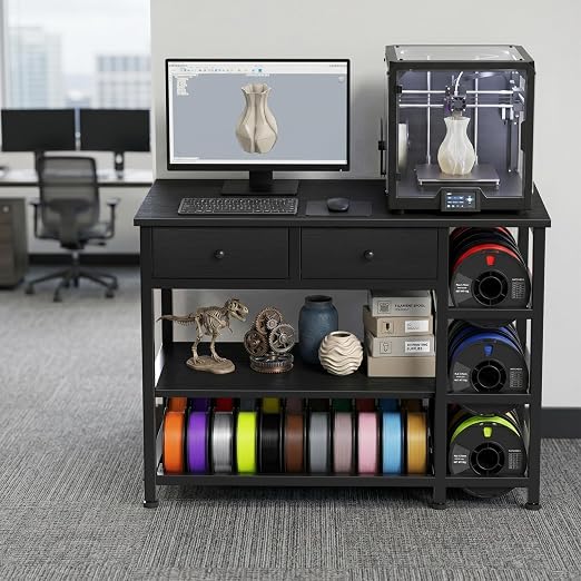 3D Printer Stand with Filament Storage - Heavy Duty 3-Tier 3 D Printer Table Shelf with 2 Fabric Drawers, 3 D Printing Desk for Tools and Supplies（Black）