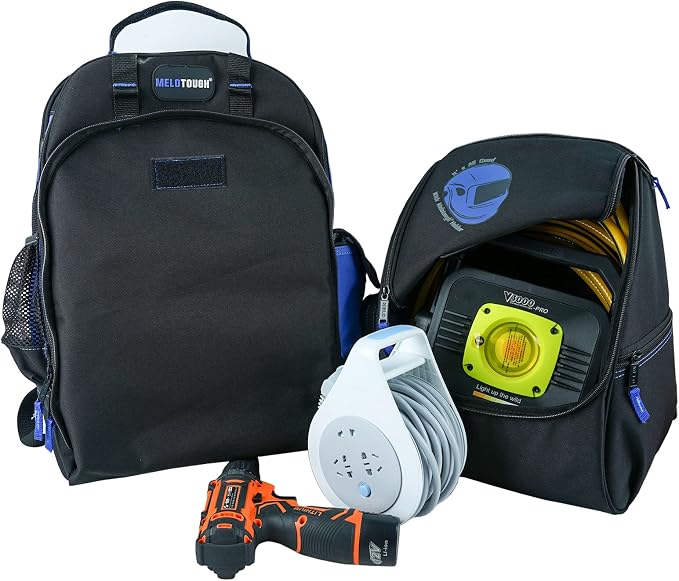 MELOTOUGH Electrician Tool Bag Welding Tool Backpack with Helmet Catch Heavy Duty Tool Organizer Bag for Electrician, Carpenter,Tradesman,Construction,HVAC,Welder (Blue)