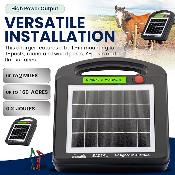 Solar Powered Electric Fence with Lithium Battery Energizer Containment & Protection of Livestock Horses Cattle Sheep Pets Easy Install Charger 0.2 Joules Output (6-9KV)