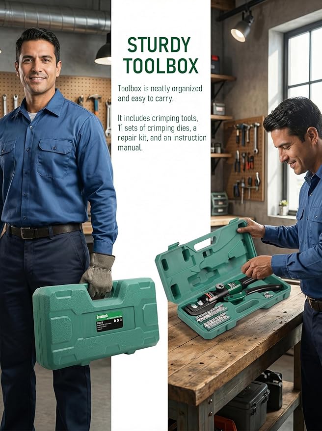 Hydraulic Cable Crimping Tool, Battery Cable Terminal Crimper 12 AWG–4/0 AWG, US Standard AWG Dies, 10-Ton Hydraulic Copper Cable Lugs Crimper for US Standard Cable 12 ga-4/0 ga