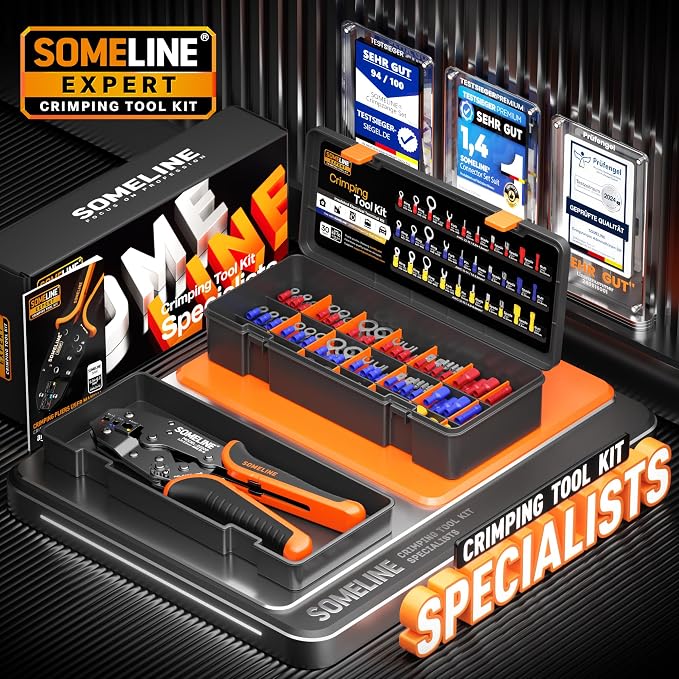 SOMELINE Wire Connectors Kit with Crimping Tool, 30 Types (UL Listed) Premium Electrical Terminals Assortment, 22-10 AWG Ratchet Crimper - Ring, Fork, Butt, Pin, Blade, Quick Disconnects (210 Pcs)