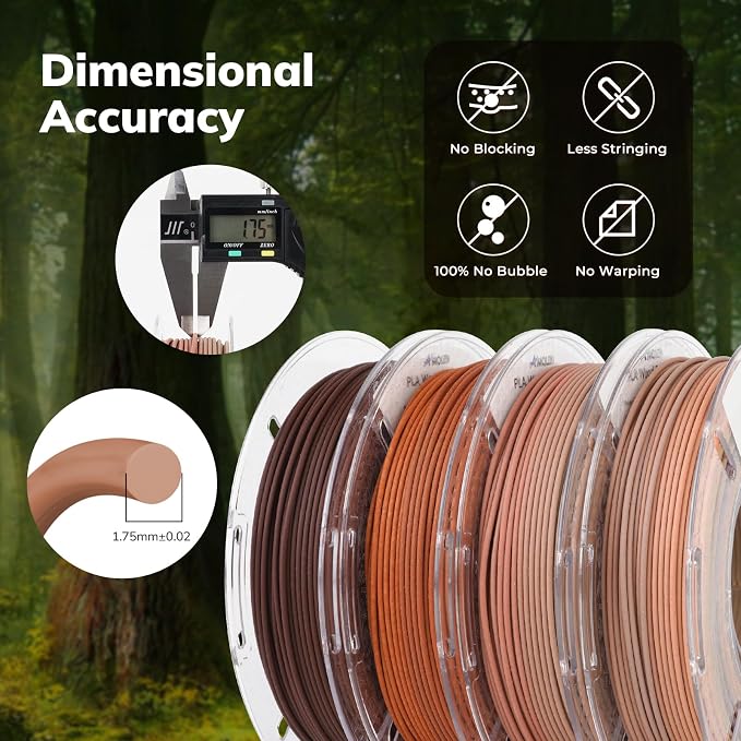 AMOLEN Wood Pla 3D Printer Filament Wood Pla Gradient Matte Finish Bundle 1.75mm, Dimensional Accuracy +/- 0.02mm, 200gx4 Spools for All FDM Printers