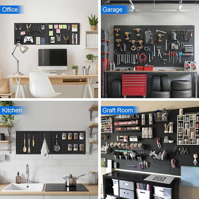 Peg Board, 4 Pack Metal Pegboard Panels Black Pegboards Wall Organizer with Frame Large Heavy Duty Peg Board with Hooks for Walls Home, Garage Tool Storage, Office, Craft Room, Kitchen 24”×16”