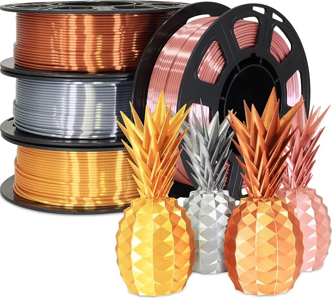 1.75mm Silk PLA Filament 4 Spools 1kg, Gold/Silver/Copper/Rose Gold | Shiny metallic finish. Each spool 250g. Widely fit for 3D printers and pens. Premium silk PLA filament for smooth printing