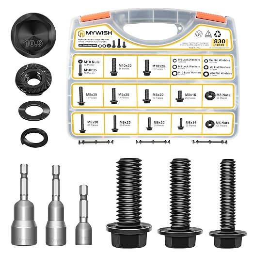 Mywish 830Pcs M6 M8 M10 Flange Metric Bolt Assortment Kit, Grade 10.9 Alloy Steel Black Oxide Nuts and Bolts, Flat/Spring Washers