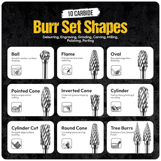 10Pcs Carbide Burr Set - 1/8" Shank Tungsten Die Grinder Bits, Double Cut - Compatible with Dremel & Milwaukee - Cutting, Engraving, Deburring - Rasp Accessories - Metal, Steel, Aluminum
