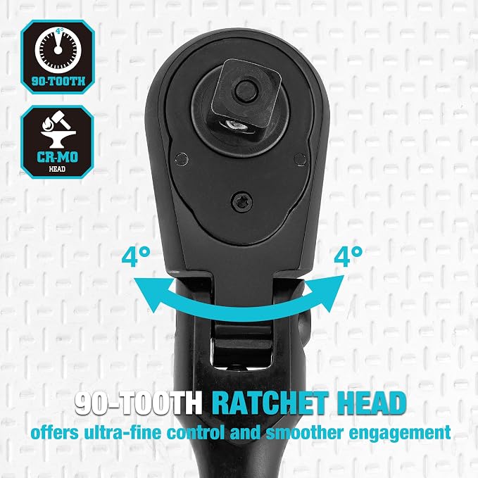 DURATECH 3/8-Inch Drive Flex-Head Ratchet, 90-Tooth Quick-Release Ratchet Wrench with 180° Pivoting Head and 7-Position Setting, Reversible, CR-V Made, CR-MO Head, 4° Swing, Black Mn Phosphate Finish