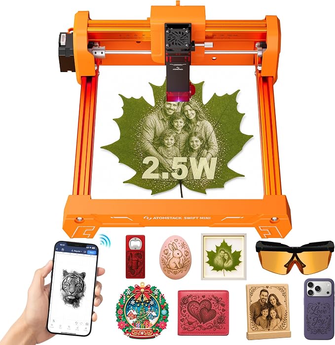 ATOMSTACK Swift 2.5W Laser Engraver Mini, Laser Engraving Machine for Wood Leather Acrylic, Desktop Laser Cutter, Fully Assembled, WiFi & USB, AI Software, 135×145mm Work Area, Orange, 2500mW | Your Easiest Entry Into Laser Creativity The Smart Laser T...