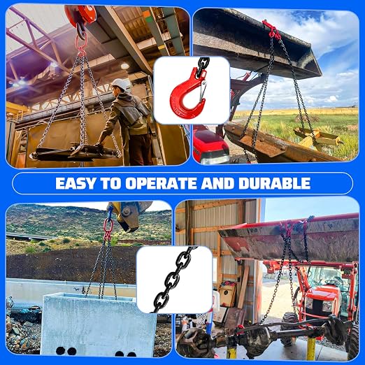 6 Ton Chain Sling 5/16 Inch x 5 Ft G80 Alloy Steel 4 Way Chain Slings Quadruple Leg Slings Lifting with 4 Safety Grab Hooks Lifting Slings Engine Chain Hoist Lifts