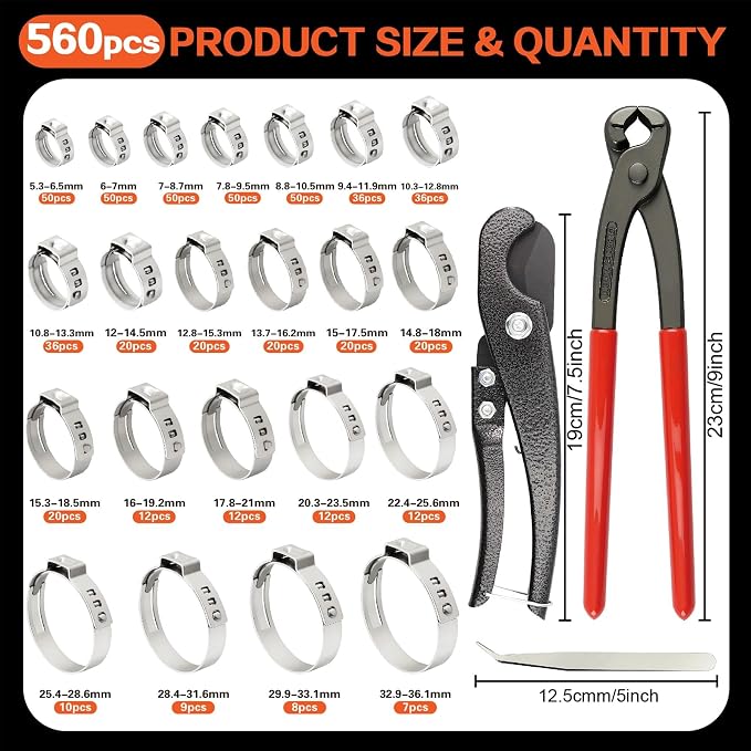 560PCS 22 Sizes Single Ear Hose Clamp Assortment Kit, 5.3 to 36.1mm 304 Stainless Steel Stepless with Clamp Crimp Plier, Cutter & Tweezers For Fuel Line,Pipe, Automotive and Home Appliances