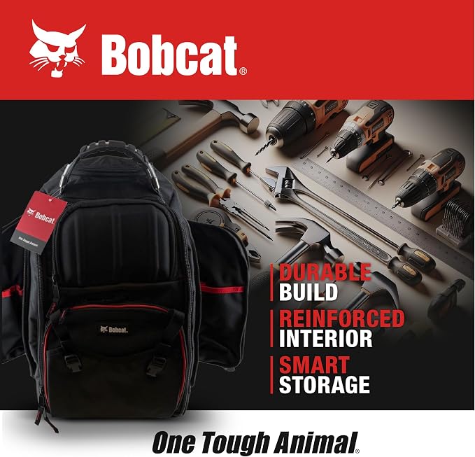 Bobcat Tool Organizer Backpack, EVA Hard Pocket, Large Capacity Storage for Electricians & Technicians, Heavy Duty Mobile Tool Bag (Black/Red Rolling tool Bag)