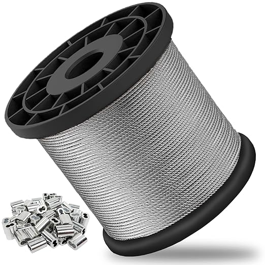 1/16 Wire Rope, 600FT 304 Stainless Steel Cable with 200Pcs Crimp Sleeves, Aircraft Grade, 7x7 Strand, 368lbs Breaking Strength, for Garden Trellis, Clothesline, Railing,Trellis
