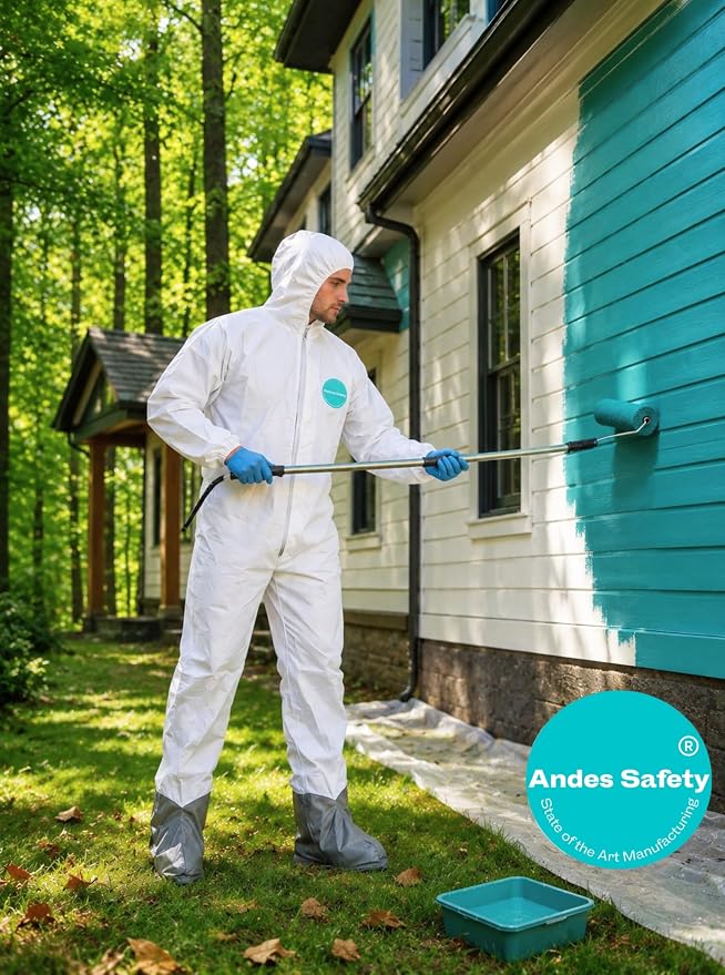 Andes Hazmat Suits, Protective Coveralls with Attached Boots, Heavy Duty Full Body Disposable Painters Suits, Lab Coveralls