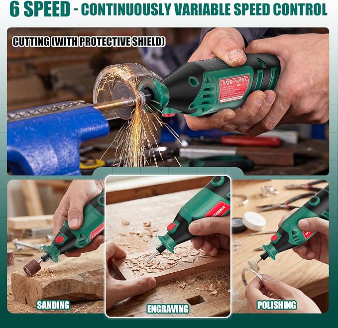 HYCHIKA 8000-35000 RPM Variable Speed Rotary Tool Kit with 179 Pcs Accessories, 180W Power Rotary Tool with Grinding Chain Bracket Flex Shaft for Wood Carving, Grinding, Cutting, Sanding, Polishing