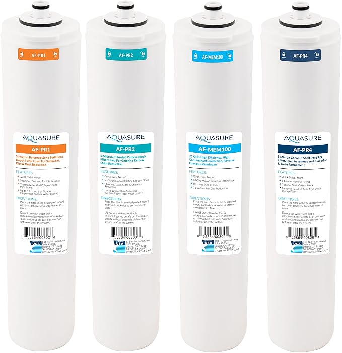 Aquasure Premier Series Complete 4-Stage Quick Twist Filter Replacement Cartridge Bundle Set AF-CP100 | Compatible with AS-PR100 Under Sink Reverse Osmosis RO Filtration System for Well Water