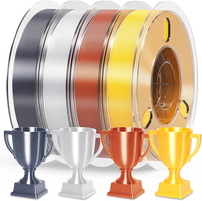 PINBALL 500gX4 Spools Silk PLA 3D Printer Filament Bundle, Shiny Metallic Filament 3D Printing Filament 1.75mm, 500g*4 Gold/Grey/Silver/Red Bronze