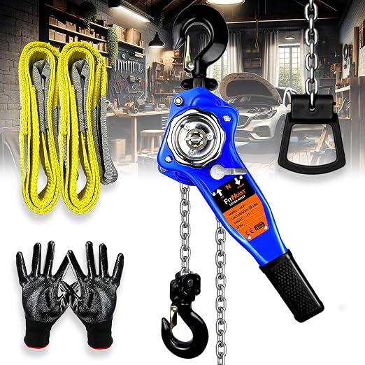 3/4 Ton Lever Chain Hoist w/ 2 Lift Sling Straps and Gloves - 1650LBS Chain Come Along 10Ft Lift, for Garage, Open-Air and Unpowered Operations