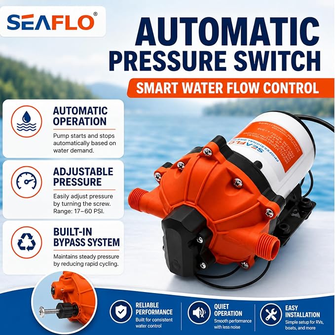 SEAFLO 55 Series 115V AC Automatic Demand Diaphragm Pump – 5.0 GPM, 60 PSI, 5-Chamber Self-Priming Water Pump w/Power Plug for Outlet, RV, Marine & Off-Grid Water Systems, 4-Year Warranty