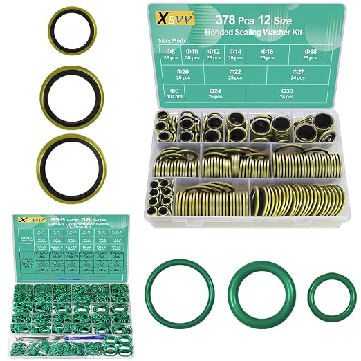 XBVV 378 Pcs Bonded Sealing Washer Kit and 595 Pcs NBR Air Conditioning O-Ring Kit (2 Pack)