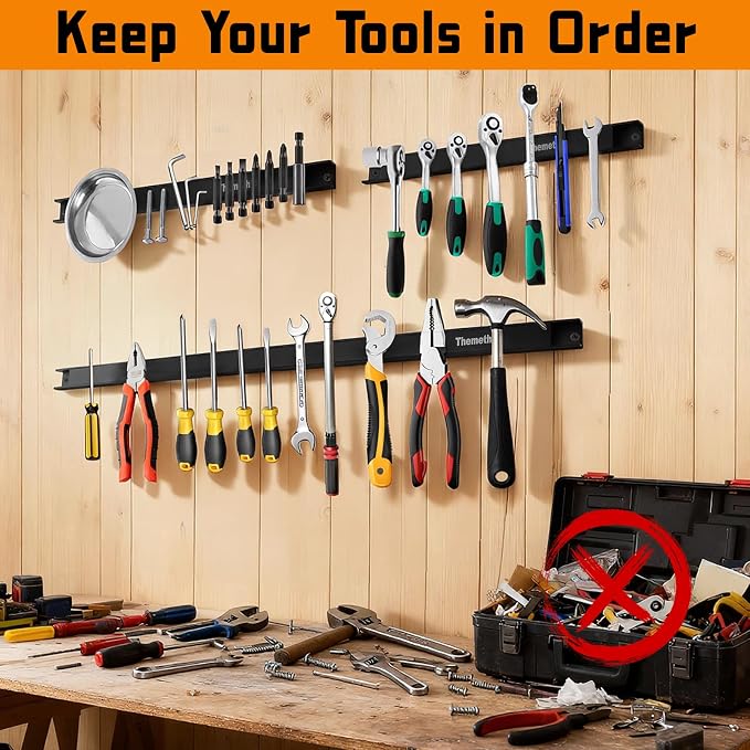 24" Magnetic Tool Holder Strip, 4 Pieces Black Metal Tool Organizer Rack with Stainless Steel Surface, Magnet Bar for Garage Workshop, Easy To Install with Mounting Screws