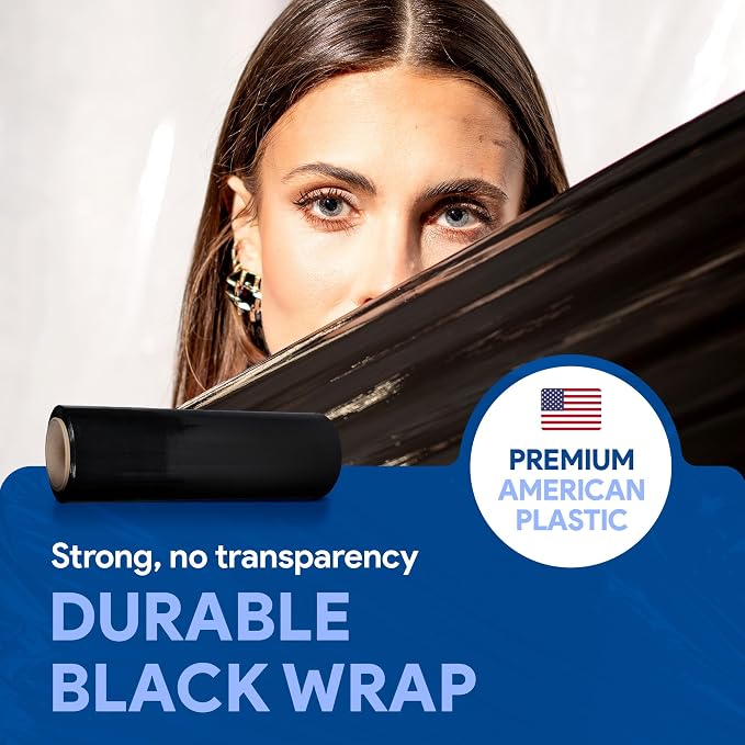International Plastics Co. Black 18" Stretch Film/Wrap 1500 feet 7 Layers 80 Gauge Industrial Strength 800% Stretch 20 Microns Durable Adhering Packing Moving Heavy Duty Shrink Film (4 Pack, Black)