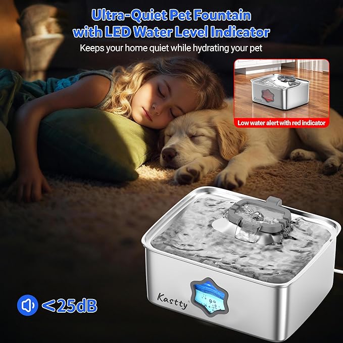 Kastty Large Dog Water Fountain, 15l/4gal Stainless Steel AUTO Pet Water Bowl Dispenser Indoor, 5-Stage Filtration, Dual-Color LED, Visual Window, Quiet, for Large Medium Dogs & Multi-Pet, FS81