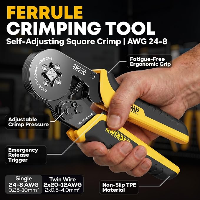 Ferrule Crimping Tool Kit, AWG 24-8 (0.25-10mm²) Ratchet Crimper, 24 Types Insulated, Uninsulated & Twin Wire Ferrules - for DIY Electrical, Control Panels, Car | Complete kit: Self-adjusting crimper for uninsulated/insulated ferrules. Ideal for DIY el...