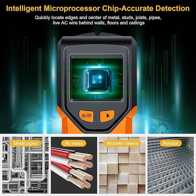 Stud Finder Wall Scanner - 5 in 1 Stud Finder Tool w/Smart Chip and HD LCD Display, Stud Detector Beam Finders for the Center and Edge of Wood AC Wire Metal Studs Joist Pipe (Orange Juice)