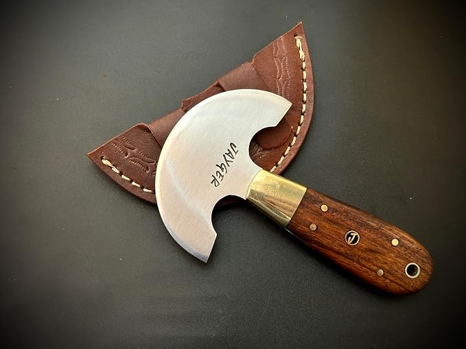 Handmade Round Head Knife | Carbon Steel | Half Moon Leather Working Knife | Wooden Handle | Skiver Knife for DIY Leathercraft | With Leather Sheath