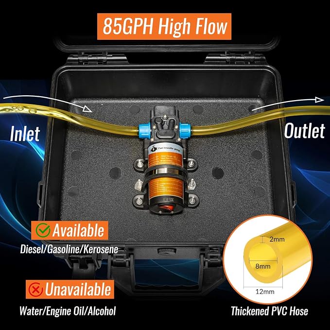 24V 85GPH Fuel Transfer Pump Set with Patented Pulley Lead Pipe & Battery Adapter, Compatible with DeWalt 20V Battery, for Vehicles, Boats (85GPH 24V, Pump with Yellow Adapter)