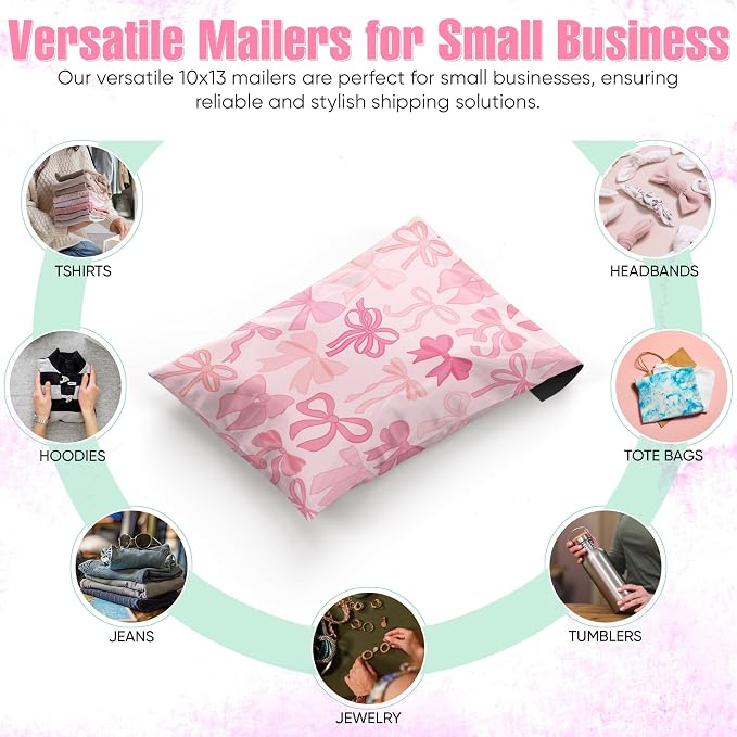 Package Mint 10x13 Poly Mailers - 100 Pack Coquette Bows Design Poly Mailer Shipping Bags - Waterproof, Tear-Resistant, Self-Sealing Adhesive - Durable Decorative Mailing Bags for Clothes, Accessories